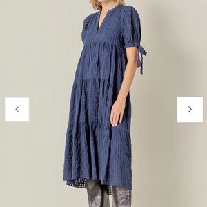 ENGLISH FACTORY GINGHAM TIERED MIDI DRESS NAVY BLUE SIZE LARGE NWT